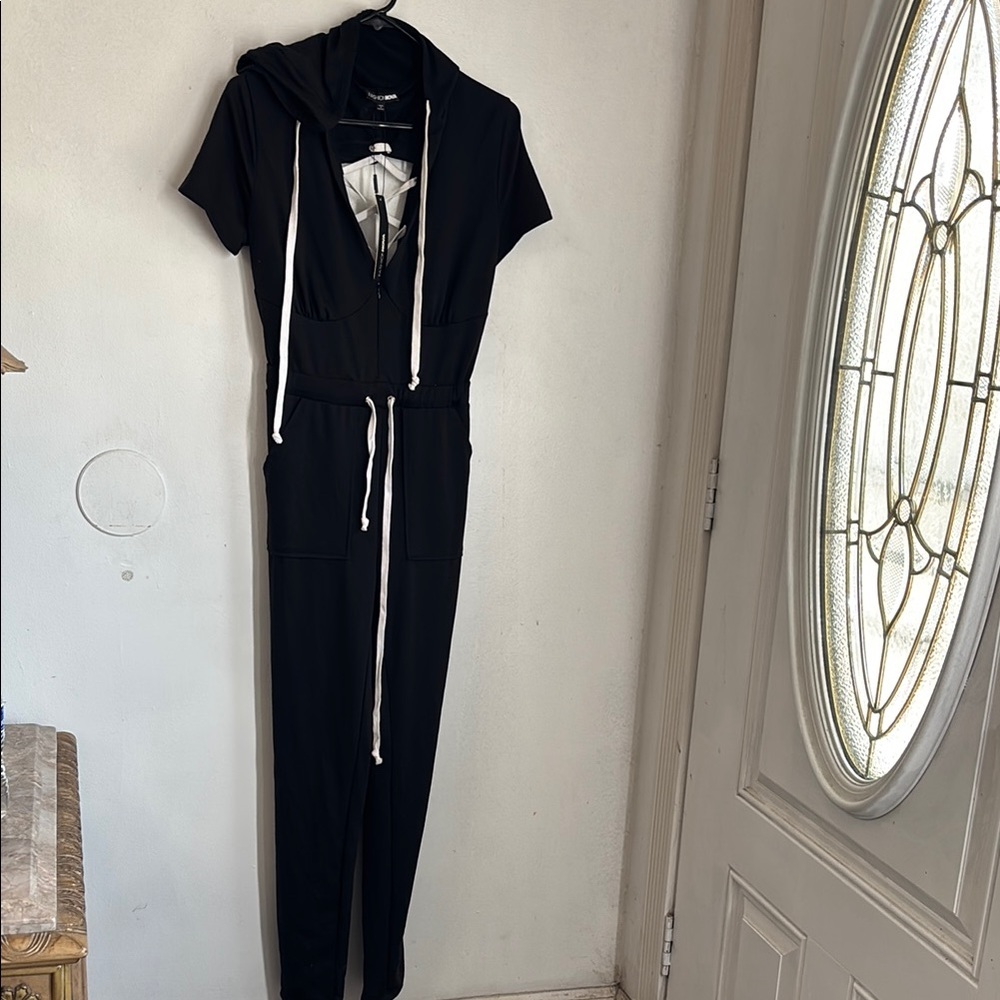 Fashion Nova Black Graphic Jumpsuit with Drawstring Waist